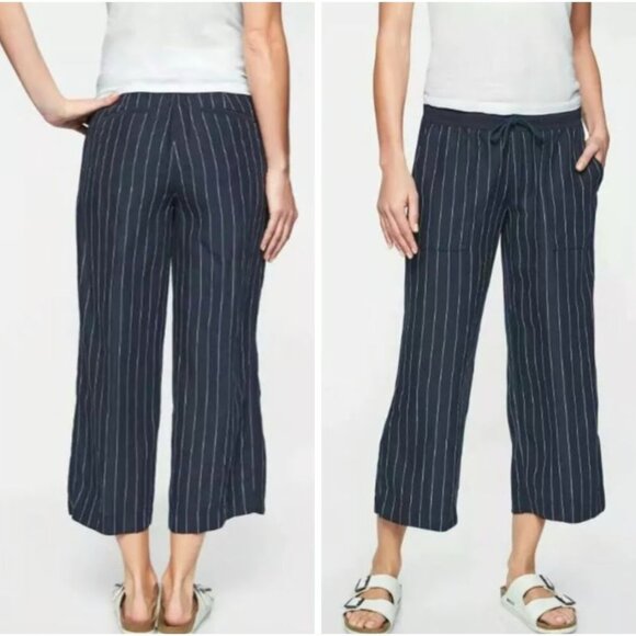 Athleta Pants - Athleta Linen Pants Womens 2 Bali Wide Leg Cropped Blue Stripe Beachy Pockets